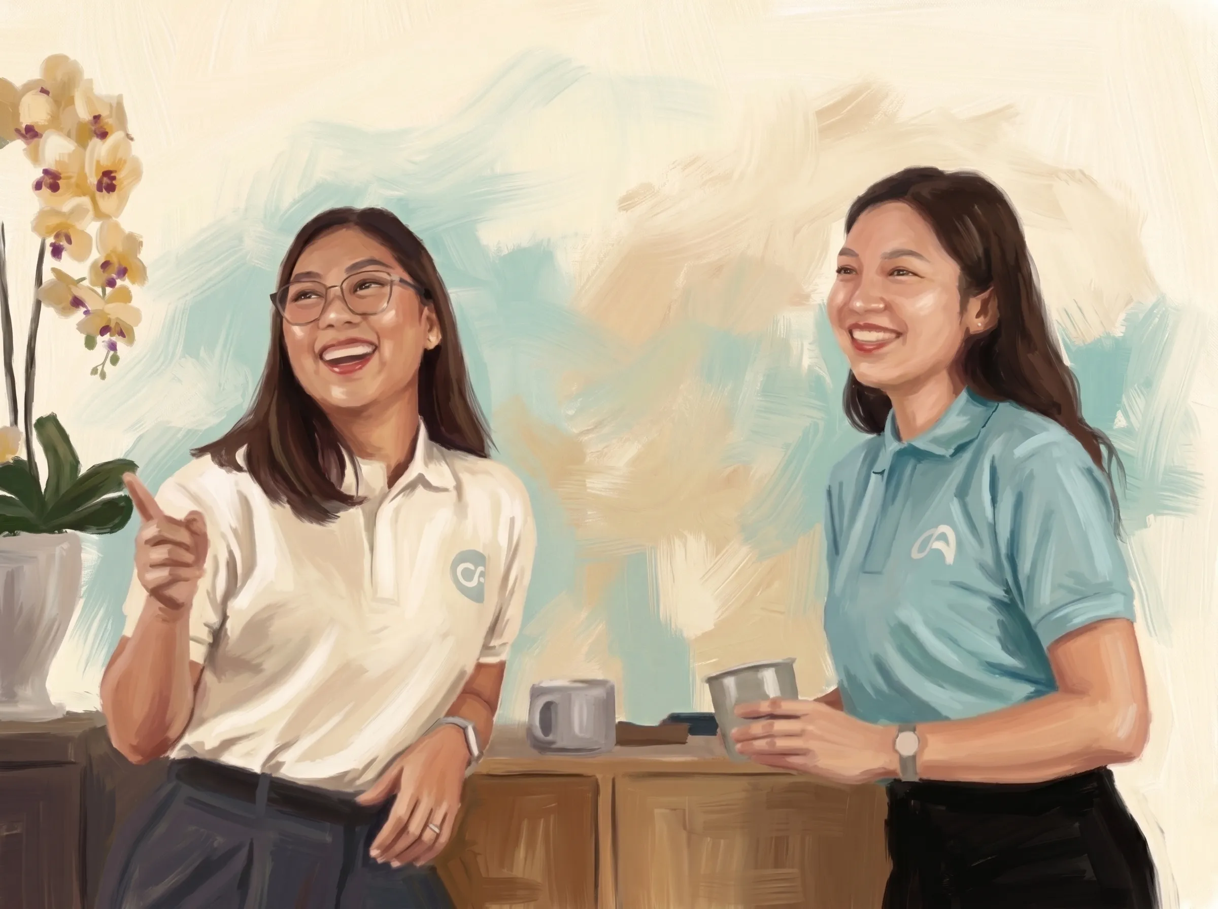 Painted illustration of a smiling Clinic Admin team member with glasses seated confidently at her office desk