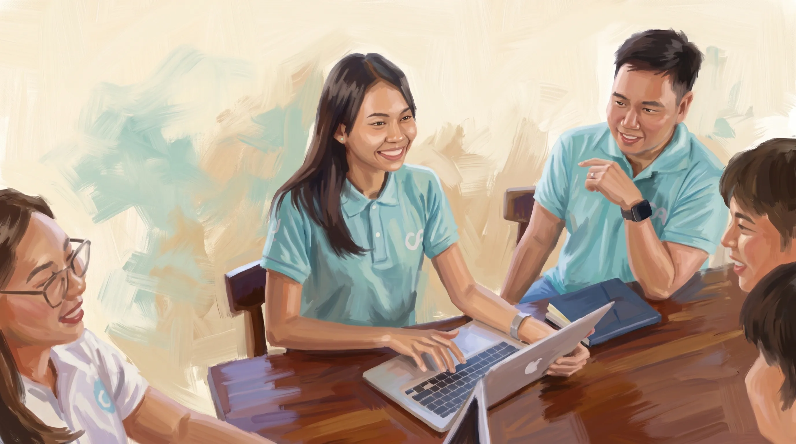 Painted illustration of four Clinic Admin team members in teal polo shirts collaborating around a table with a laptop