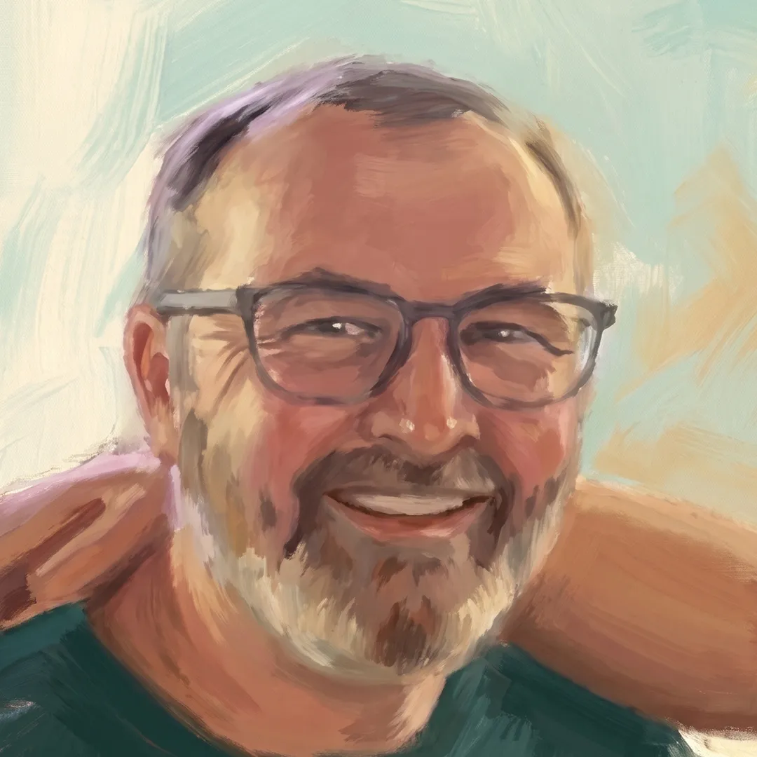 Painted portrait of Gav Hodges, Clinic Admin commercial and legal, smiling with glasses