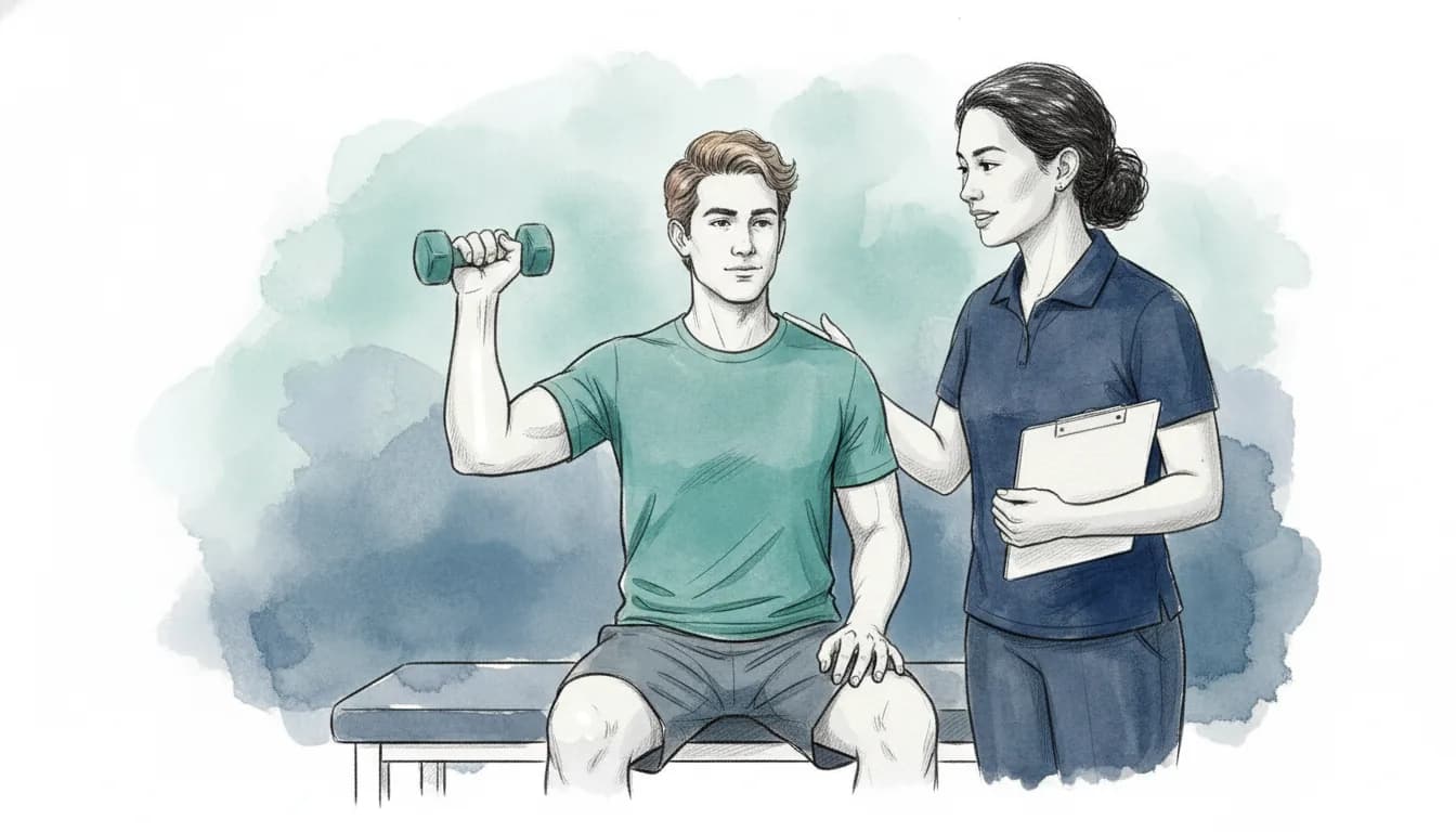 Exercise physiologist guiding a patient through a rehabilitation exercise