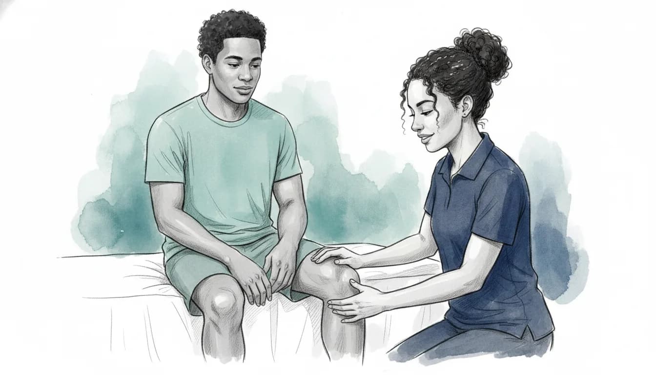 Female physiotherapist examining a male patient's knee